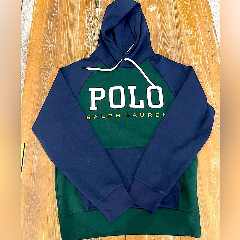 Polo Ralph Lauren Hoodie, Size SM,  Green and Blue, Polo Ralph Lauren spell out.
